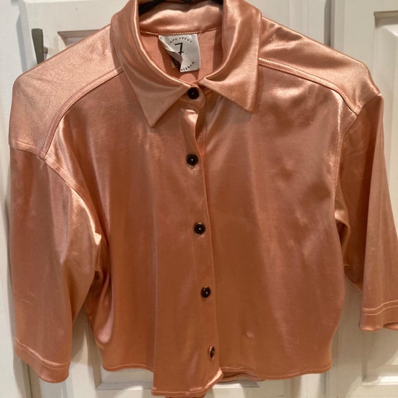 Vintage Todd Oldham 1995 Collection Cropped Salmon/Peach ButtonUp Stretchy Top - Picture 4 of 7